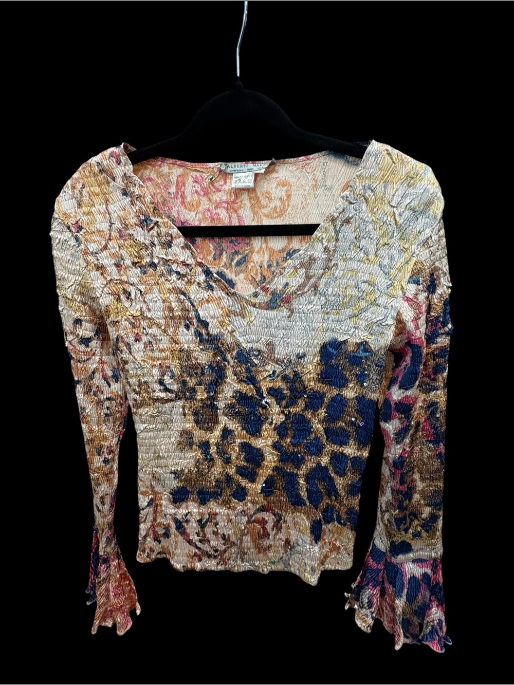 Alberto Makali Leopard Floral Crinkle Blouse Cream Navy Small S